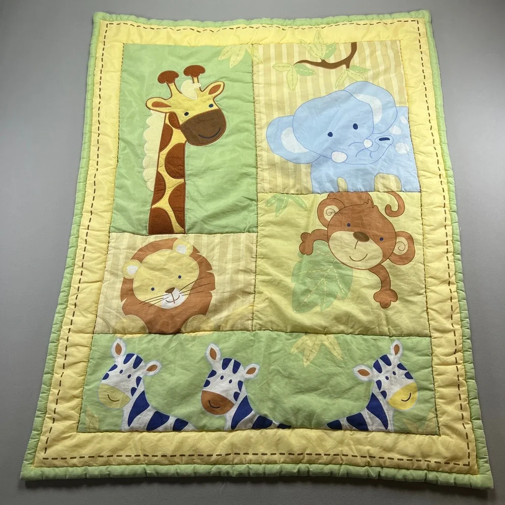Fisher Price Precious Planet Baby Quilt Lion Monkey Zebra Nursery Bedding 43x33